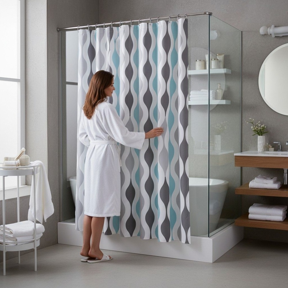 Lush Decor Mid Century Geo Shower Curtain Blue Gray 72x72 Geometric New